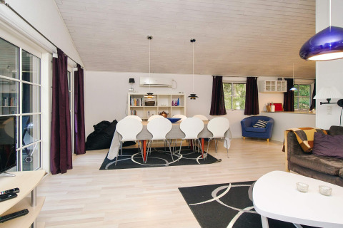 Modernes Wohnzimmer und Essbereich in einem Ferienhaus in Store Fuglede, Dänemark, mit stilvollem Design.