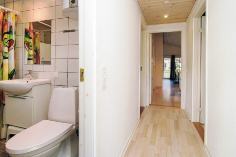 Corridoio con pavimento in legno chiaro e bagno piastrellato in uno chalet a Store Fuglede, Danimarca, per sei.
