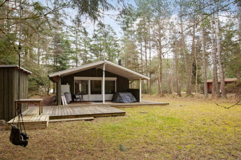 Houten chalet met overdekt terras en schommel in bosrijke omgeving, 6-persoons vakantiehuis Store Fuglede, Denemarken.