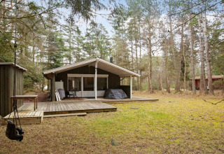 Houten chalet met overdekt terras en schommel in bosrijke omgeving, 6-persoons vakantiehuis Store Fuglede, Denemarken.
