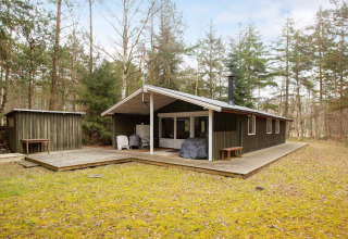 Udendørsbillede af 6-personers feriehus i Store Fuglede, Danmark, omgivet af skov og træterrasse.