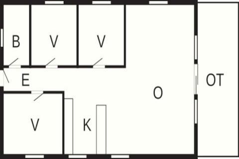 Plano de casa de vacaciones para 6 personas en Store Fuglede, Dinamarca; incluye habitaciones y cocina.