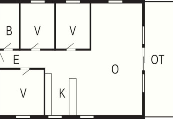 Grundriss eines 6-Personen-Ferienhauses in Store Fuglede, Dänemark, mit Zimmern und Wohnbereich.