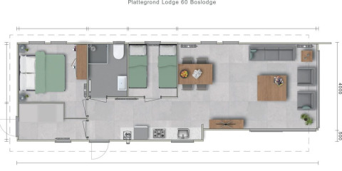 Grundriss der Lodge Grand Modern im Holiday Park De Lochemse Berg mit zwei Schlafzimmern, Küche und Wohnbereich.