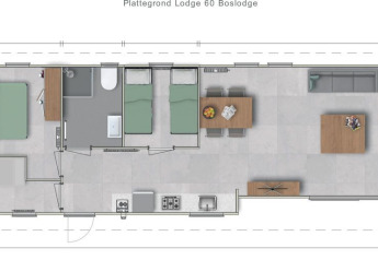Grundriss der Lodge Grand Modern im Holiday Park De Lochemse Berg mit zwei Schlafzimmern, Küche und Wohnbereich.