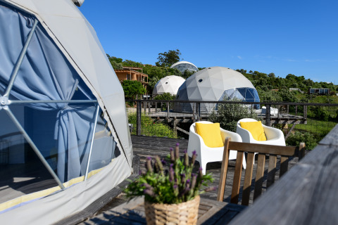 Buitenaanzicht van de Couple Domes bij Wecamp Reserva Alecrim in Portugal met zitplaats en groen landschap.