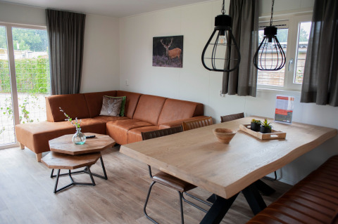 Living room at Veluwelodge XL in Recreation park De Boshoek, Netherlands, with modern furniture and decor.