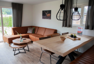 Stue i Veluwelodge XL på Recreation park De Boshoek, Nederlandene, med moderne møbler og store vinduer.