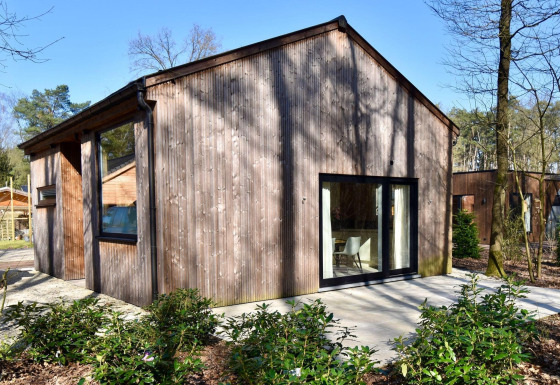 Exterior view of Lysdann lodge featuring wooden siding, large windows, and a forested surrounding landscape.