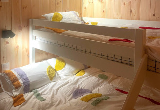 A cozy room with bunk beds and colorful bedding at Lysdann lodge in Belgium, featuring wood paneled walls.