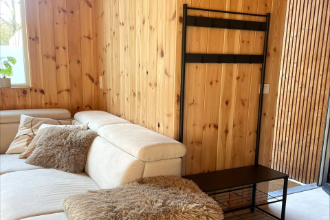 Modern living room at Lysdann lodge in Belgium, featuring wood panel walls and beige sofa.