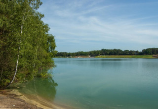 Scenic view of the lake at Lysdann lodge in Belgium, with lush green trees and calm water under blue skies.