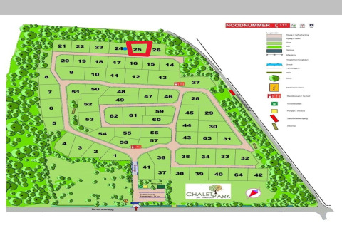 Chalet Park map with lot number 25 highlighted, showing lodges, paths, and park facilities in Belgium.