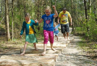 Family walks barefoot on log steps along a nature trail at Lysdann lodge in Belgium, surrounded by trees.