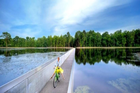 Person cycling on a sunken path surrounded by water and forest at Lysdann lodge in Belgium, sunny day.