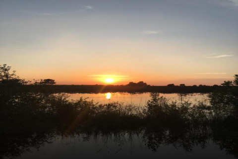 Sunset over a lake at Lysdann Lodge in Belgium, with trees and bushes in silhouette by the water.