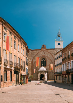 Panoramisch uitzicht op een sfeervol plein in Espira de Conflent, Occitanië, met historische gebouwen en kerk.