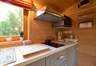 Cocina luminosa y compacta del mobil home Manureva en Bélgica, con electrodomésticos modernos y paredes de madera.