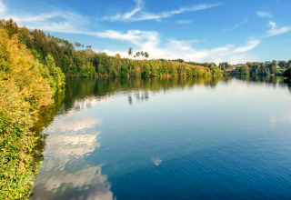 Foto de un lago tranquilo rodeado de árboles verdes y cielo azul desde la casa móvil Manureva en Bélgica.