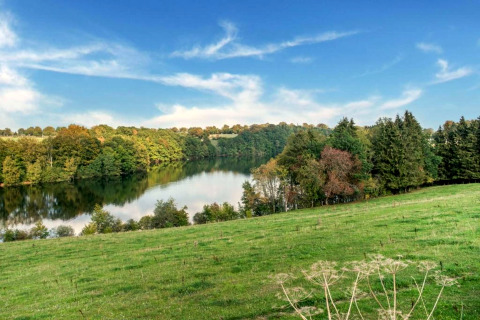 Vista desde la casa móvil Manureva en Bélgica con prado verde, lago y colinas arboladas bajo cielo azul.
