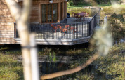Cabane 'The Funny Friends' lodge in België met een terras boven water en buitenzitjes.