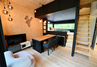 Modern lodge interior with elevated bed, wooden stairs, dining area, and forest view in Belgium.