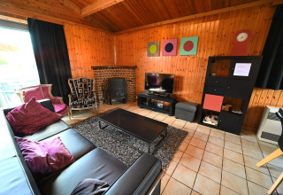 Living room with wood panel walls, black leather sofa, fireplace, TV and decor at Ard Zen lodge in Belgium.