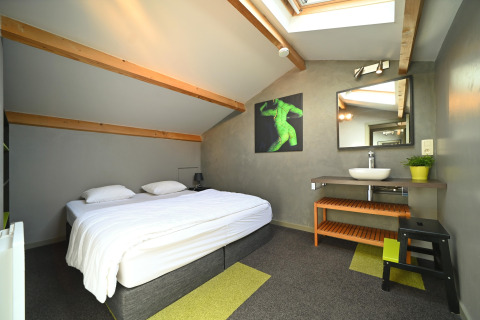 Modern attic bedroom at Ard Zen lodge in Belgium, featuring a double bed, skylights, and a wash area.
