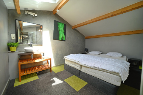 Bright room at Ard Zen lodge in Belgium, featuring a double bed, wood beams, and modern decor.