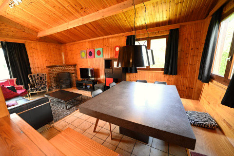 Salon avec lambris bois, mobilier moderne et grandes fenêtres au lodge Ard Zen en Belgique.