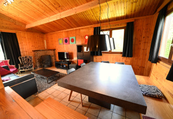 Woonkamer met houten wanden, moderne meubels en grote ramen in de Ard Zen lodge in België.