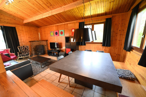 Living room with wood paneling, modern furniture, and large windows at Ard Zen lodge in Belgium.