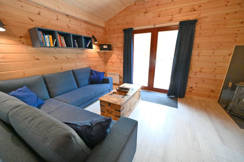 Soggiorno in chalet Village de Vacances Oignies 6 in Belgio con divano grigio, libreria e pareti in legno.