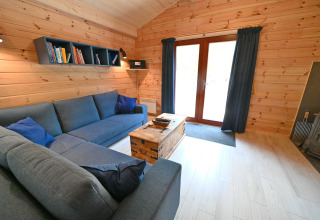 Soggiorno in chalet Village de Vacances Oignies 6 in Belgio con divano grigio, libreria e pareti in legno.