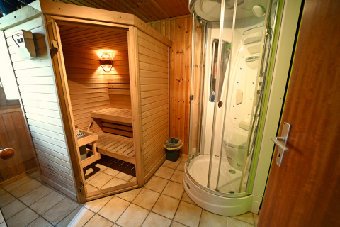 Sauna intérieur et cabine de douche moderne au lodge « Ard Zen » en Belgique, avec murs en bois.