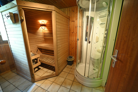 Indoor sauna and modern shower cabin at 'Ard Zen' lodge in Belgium, featuring wood-paneled walls.