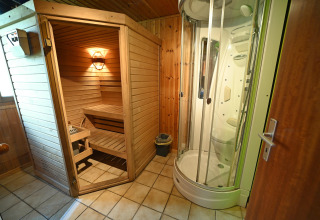 Indoor sauna and modern shower cabin at 'Ard Zen' lodge in Belgium, featuring wood-paneled walls.