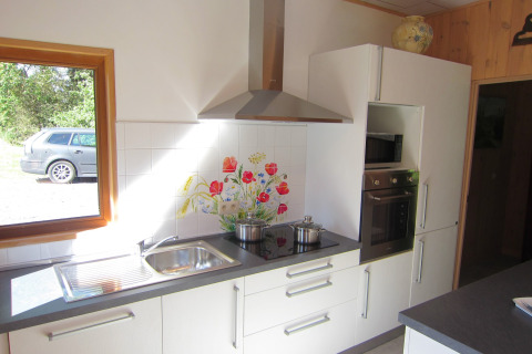 Moderne keuken met witte kasten, kookplaat, oven, magnetron en een raam met zicht op auto en natuur.