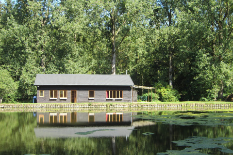 Houten lodge aan een spiegelende vijver, omgeven door groene bomen bij Les Peupliers de la pecherie, België.