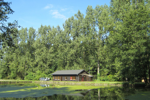 Foto van lodge Les Peupliers de la pecherie, omgeven door hoge bomen en een rustige vijver op een zonnige dag.