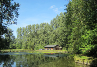 Een sfeervolle lodge aan de vijver, omgeven door bomen bij Les Peupliers de la pecherie in België.
