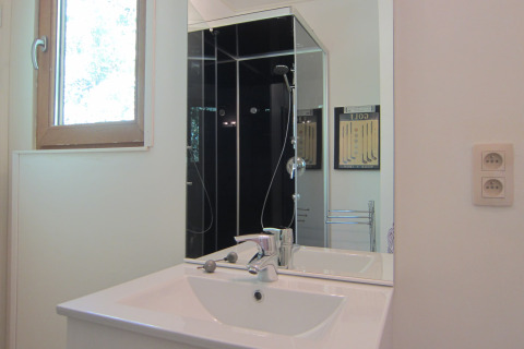Moderne badkamer in Les Peupliers de la pecherie lodge in België met witte wastafel en zwarte douche.