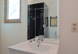 Moderne badkamer in Les Peupliers de la pecherie lodge in België met witte wastafel en zwarte douche.