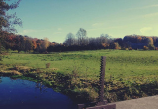 Groene weide, vijver en herfstbomen bij lodge 'Les Peupliers de la pecherie' in België, rustige omgeving.