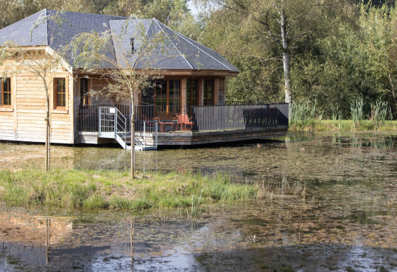 A wooden lodge named Happiness sits by the pond, surrounded by lush nature and tranquil greenery.