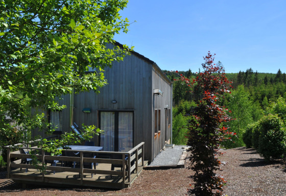 Træhytte Les Jardins de l'Ourthe 8 med terrasse i naturskønne omgivelser omgivet af grønne skove.