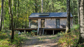 Vista frontale dello chalet Droles d'écureuil, baita in legno nel bosco, scala e sentiero tra gli alberi.