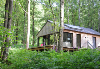 Modern chalet 'Droles d'écureuil' vredig gelegen tussen het groen in een bos in België.