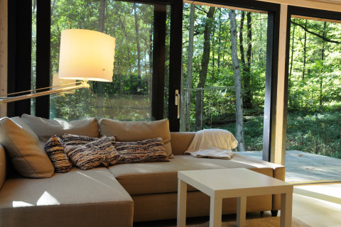 Lichte woonkamer in chalet 'Droles d'écureuil' in België, bank, salontafel en grote ramen met boszicht.