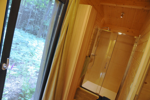 Badkamer met glazen douche en groot raam met uitzicht op bos, in chalet Droles d'écureuil in België.